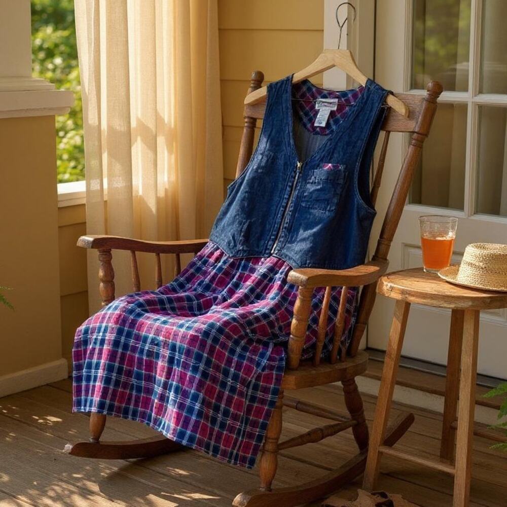 Jantzen VTG 90s Denim Plaid Pinafore Smock Maxi Dress Blue Purple Womens Small